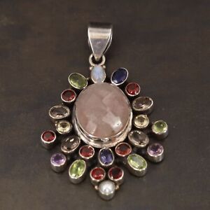VTG Sterling Silver - INDIA Rose Quartz Amethyst Garnet Necklace Pendant - 20g