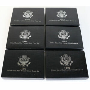 1992-1996 & 1998 United States Mint Premier Silver Proof Set With COA's Lot Of 6