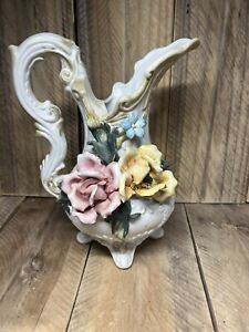 New ListingVintage Capodimonte Pitcher Vase Porcelain Italy Floral Roses 10” Tall MCM