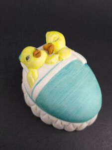 New ListingCeramic Egg Trinket Box Easter Japan Hugging Yellow Chicks in Bed Vintage UCGC