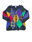 VTG 90s Womens Medium Rainbow All Over Knit Diamond Baggy Cardigan Sweater Artsy