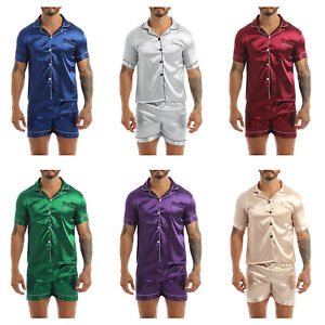 Men's Silk Satin Pajamas Set Short Sleeve Top Shirt with Casual Shorts Nightwear