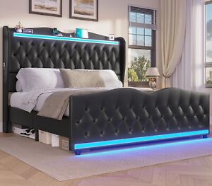 New ListingKing Size Bed Frame Tall Headboard with LED Light Upholstered Platform Bed Black