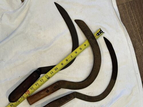 3  Vintage Antique Farm Hand Sickle with Wood Handles Scythes