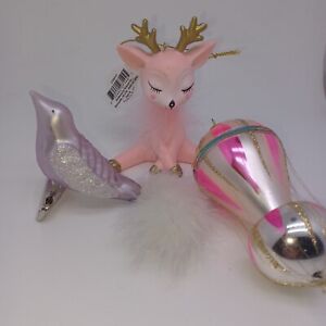 Vintage Style Christmas Ornaments Reindeer Bird Hot Air Balloon Pink