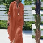 Women Cotton Linen V-Neck Long Sleeve Shirt Maxi Dress Casual Kaftan Dresses