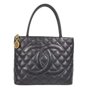 Chanel Medallion Quilted Hand Tote Bag Purse Black Caviar Skin 78491