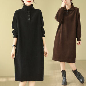 Womens Button Down High Neck Long Sleeves Loose Winter Autumn Casual Midi Dress