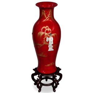 US Seller - 24 Inch Red Lacquer Mother of Pearl Oriental Porcelain Vase