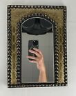 Beaded Hammered Metal Bronze Mirror Arch Decorative 12” Art Wood Moroccan Wall