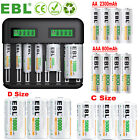 Lot EBL AA AAA C D Cell Rechargeable Batteries NI-MH 1.2V Battery / LCD Charger