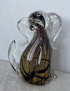 Murano Style Art Glass Dog Clear Glass With Gold & Black Swirls Heavy 6 1/2”
