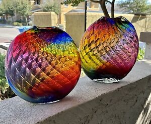 Vintage Signed Dan Bergsma Large Rainbow Blown Art Glass Vase Pilchuck Set Of 2