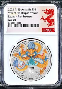 2024 Silver Lunar Year of the Dragon NGC MS70 1oz $1 Coin Yellow Facing RG Issue