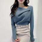 Women Korean Fashion Long Sleeve Knitted Asymmetric Collar Sweater Pullover Tops