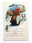 Vintage 1920s Halloween Postcard by Whitney w/ Black Cat in Green Witch Hat