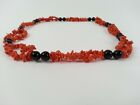 Vintage Red Coral And Black Stone Beaded Necklace 26 Inch Total Length