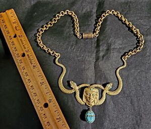 Antique Art Deco Egyptian PHARAOH SNAKES SCARAB Turquoise Czech Glass Necklace