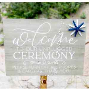 Welcome to Our Unplugged Ceremony Sign Wedding Gray Blue Beachy Nautical Theme