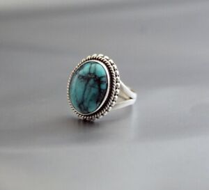 925 Sterling Silver Handmade Women Ring Blue Copper Turquoise Stone Jewelry