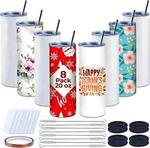 8pack 20 Oz Sublimation Blank White Skinny Stainless Steel Insulated Tumblers -