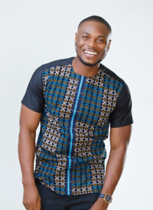 African Men's Black Kente Cotton Short Sleeve Shirt African Men's Clothing
