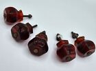 Lot of 5 Vintage Red Glass Knobs Cabinets Drawers Pulls Hexagon