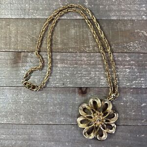Signed Roget Vintage Pendant Gold Tone Chunky Flower Burst on Necklace