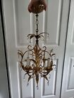 New ListingVintage Italian GoldTone Tole Ware Chandelier with Hanging Crystal's Hardwired
