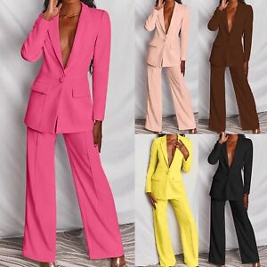 Women Suits Set Solid Long Sleeve Button Coat High Waist Long Pants Blazer Suit