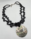 NY Abalone Shell Large Round Pendant Necklace Black Coin Beads 17 in Adjustable