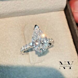 Moissanite Solitaire Engagement Ring Solid 14K White Gold 2.50 Carat Pear Cut