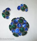 VINTAGE UNISIGNED BLUE & GREEN ART GLASS CABOCHON PIN EARRINGS SCHREINER ERA