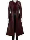 Women's Authentic Real Leather Trench Coat Long Overcoat Maroon Winter Jacket