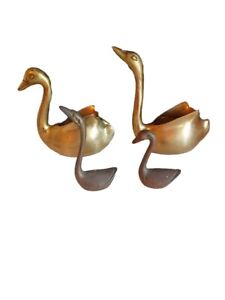 2 Small Brass Swan Figurines & 2 Small Brass Swan Planters/Ashtray Vintage Lot