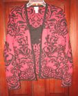Chico's 2 L M Open Cardigan Knit Sweater Topper Red Black Floral Leaf Long Slv