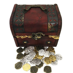 Wooden Pirate Treasure Chest with Lot of 50 Mixed Coins