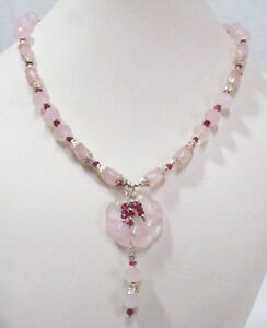 Necklace Pink Rose Quartz Beaded Accented w/ Pink Rhodalite Beads Silver Clasp