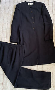 Larry Levine Suit Pants With Long Jacket Blazer Size 10 Blue  With Pinstripes