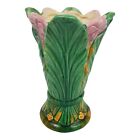Vintage Art Nouveau Majolica Vase 1940's Pottery Banana Leaves Floral