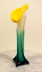 Hand Blown Art Glass Calla Lily Bud Vase Aqua and Yellow - 12