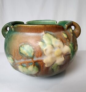 Antique 1940 Roseville U.S.A. Art Pottery White Rose Green Handled Bowl 653 - 3