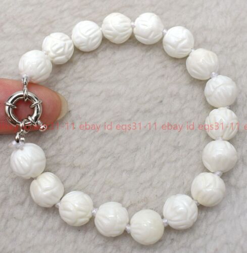 Natural 10/12mm White Coral Carving Gemstone Beads Bracelet 7.5