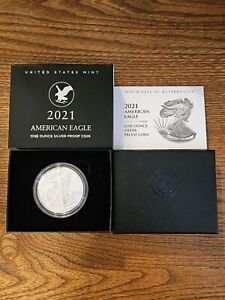 2021-S Proof $1 Type 2 American Silver Eagle Box, OGP & COA .999 Silver