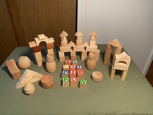 Children's Wood Building Blocks. Mixed Lot-Lettered Blocks and Various Shapes