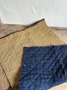 19Th C Early Antique Rare Linsey Woolsey Fabric Mustard Indigo Blue Quilted ￼