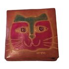 Cat Face Tooled Leather Coin Case Made in India Tan Red Green