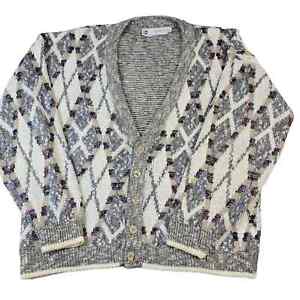 Vintage 80's Grandpa Cardigan Sweater Mens Size 2X Printed Cotton Material Cream
