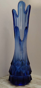 Vintage ~ 5 Finger Blue Swung Vase 10 1/2” Tall Ribbed w/ Cut Glass Base ~ MCM