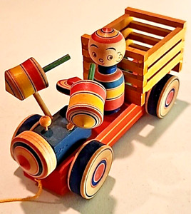 Yajiro Traditional Japanese Wood Truck Train Pull Toy With Tops EUC Vintage
